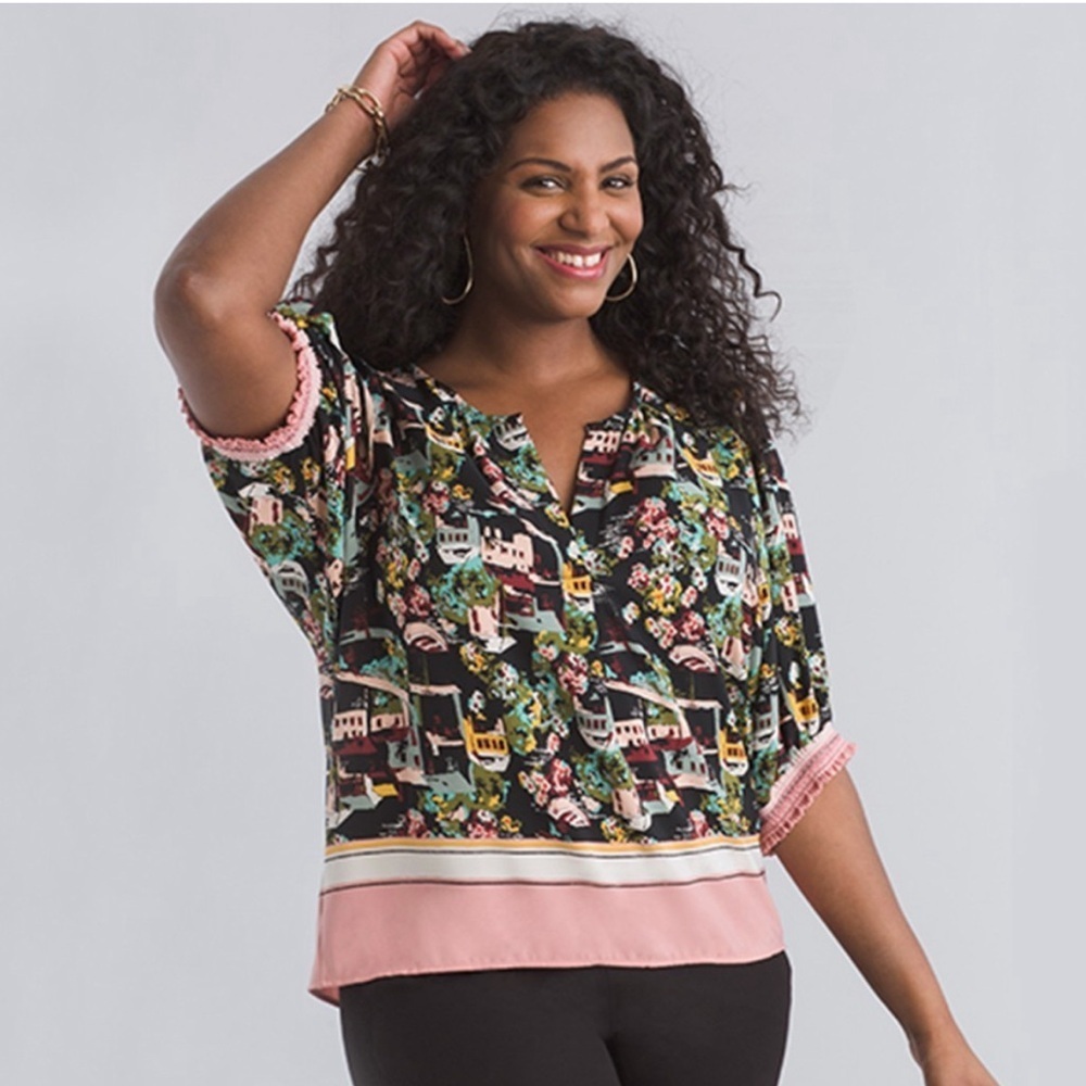 Bobeau “Valerie” Blouse – Puff Sleeve Travel-Print Top w/ Smocked Cuffs